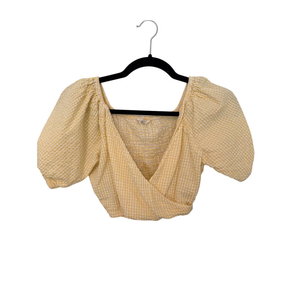 Gingham Puff Sleeve Crop Top Size Small Yellow White Cottagecore Coquette
